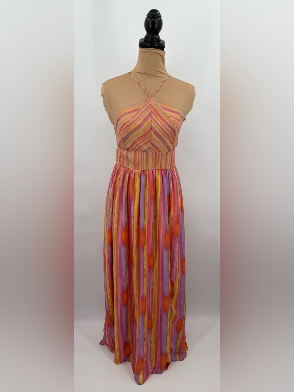 Multicolor striped halter leg slit maxi dress S resort vacation wedding guest - Picture 2 of 10